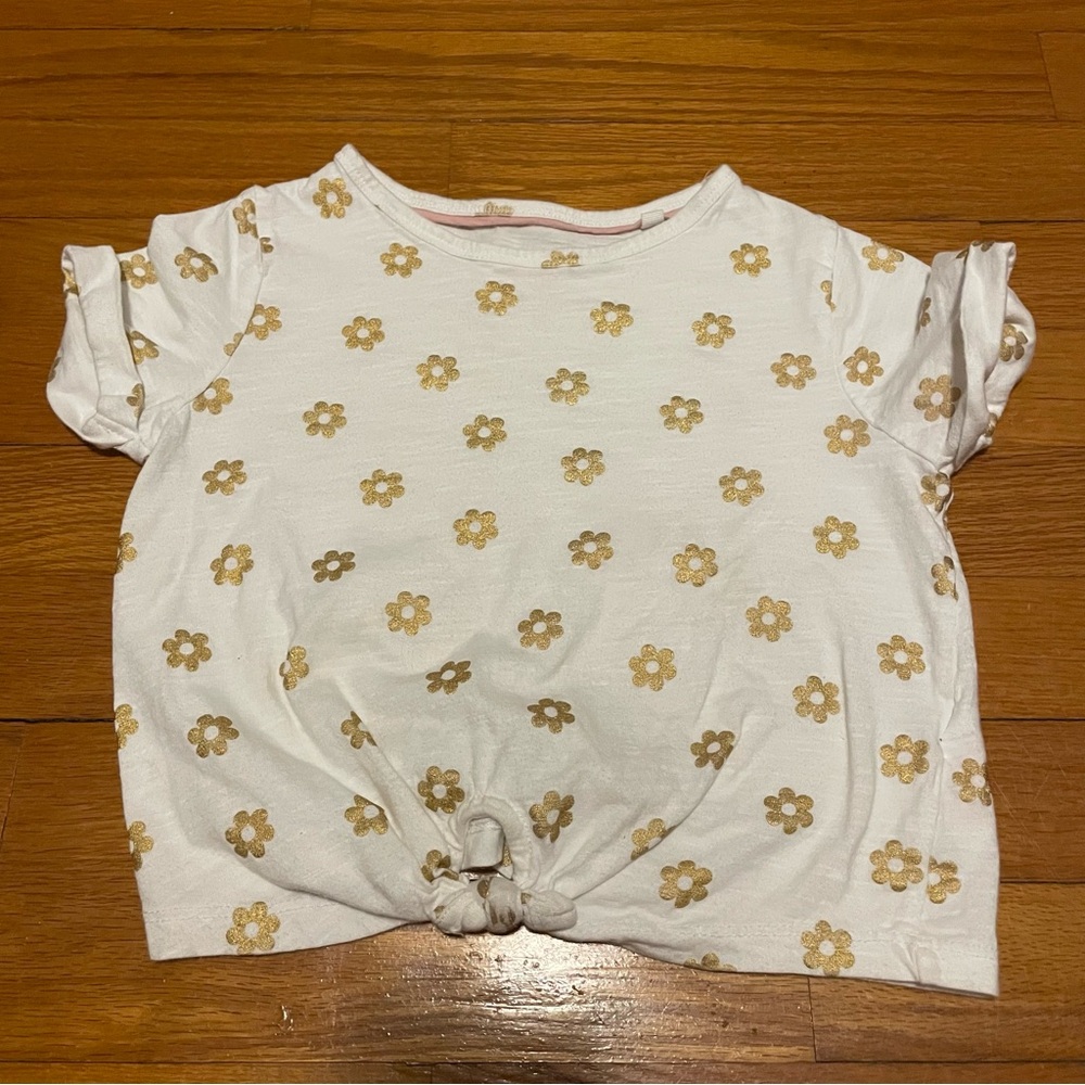 Boden Girls 5-6 White Tee with Gold Floral Print and Front Knot